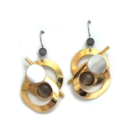 Double Circle Shiny Gold Earrings with Charcoal Catsite - Click Image to Close